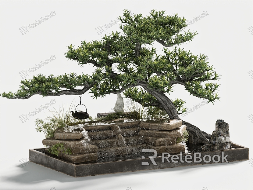 Modern rockery waterscape landscape sketch green plant landscaping fishing pot monk stone rockery flowing water model