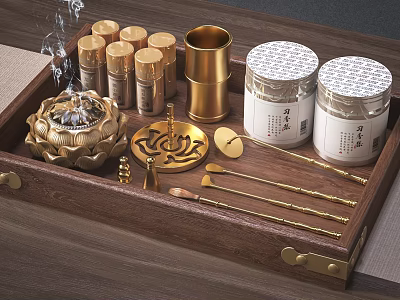 Traditional Tea Set with Golden Accessories White Jars and Lotus Incense Burner on Wooden Tray 3d model