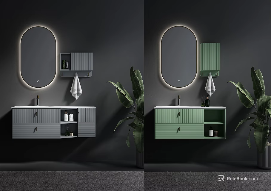 Modern Bathroom Cabinet with LED Mirror Gray Green Design Drawer and Open Shelf 3d model 