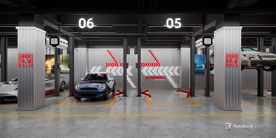4S Car Dealership Service Center with Numbered Vehicle Bays Red Lifts and Yellow Floor Lines 3d model 