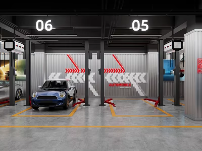 4S Car Dealership Service Center with Numbered Vehicle Bays Red Lifts and Yellow Floor Lines 3d model