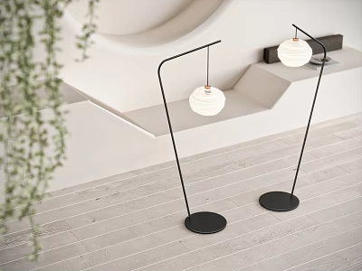 Stylish Modern Floor Lamps With Black Stands And White Globe Shades In Interior Space 3d model
