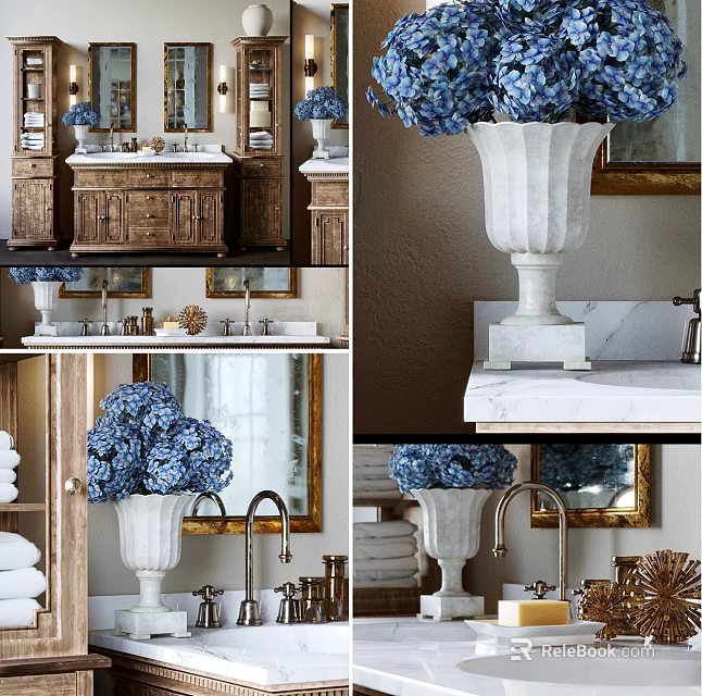 Elegant Bathroom Vanity With White Vase Blue Hydrangeas Marble Countertop Wooden Cabinet And Mirror 3d model 