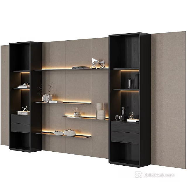 Modern Black And Beige Decorative Cabinet With Open Shelves Built In Lighting And Drawers 3d model 