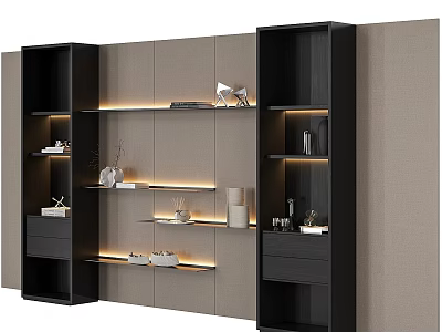 Modern Black And Beige Decorative Cabinet With Open Shelves Built In Lighting And Drawers 3d model