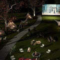 Cozy Camping Campsite With Tents Bonfire Outdoor Screen And Picnic Setup At Night