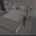 Kids Bed with Light Blue Headboard Soft Quilt Pillows Bench Side Table and Floral Wallpaper