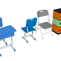 Blue Plastic School Desks And Chairs With Colorful Multi Layer Cabinet 3d model