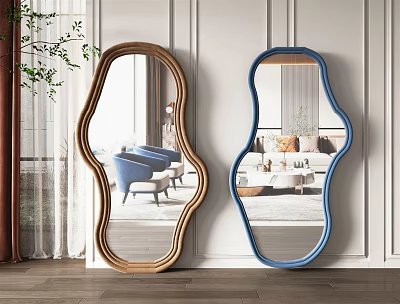 Unique Shaped Mirrors With Brown And Blue Frames Reflecting Living Room Interior 3d model