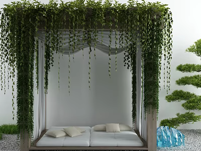 Lush Green Vine Covered Pergola With Hanging Plants White Curtains And Wooden Bed With Pillows 3d model