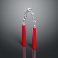 Red Handled Nunchucks Weapon With Silver Metal Chain And Modern Design