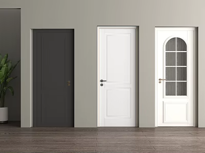Three Different Colored Hinged Doors With Arched Glass Panel In Modern Interior 3d model