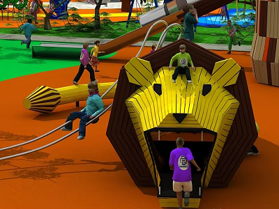 Lion Head Shaped Landscape Sculpture in Outdoor Playground with Kids Playing Slide and Climbing Rope 3d model
