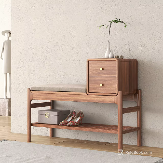Wooden Sofa Bench With Drawers Shelf And Shoes Storage In Modern Entryway Interior 3d model 