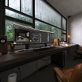 Bright Co working Space Featuring Brown Leather Sofa Office Chair Projector Screen And Ceiling Fan