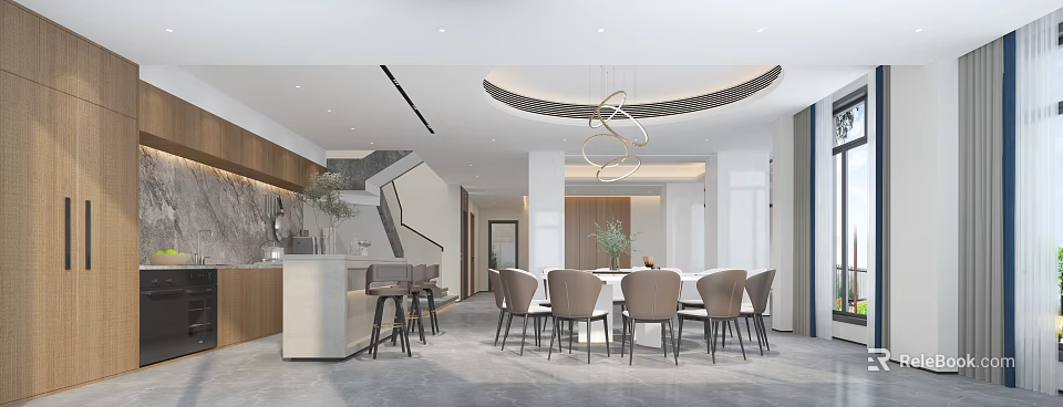Modern Basement Interior Design With Dining Table Chairs Bar Counter And Pendant Light 3d model