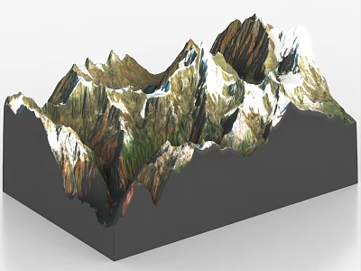 Realistic Mountain Landscape Model With Snowy Peaks And Brown Green Terrain 3d model