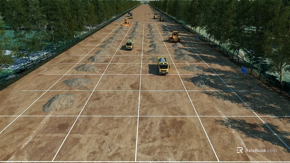 Road Infrastructure Construction Site With Construction Vehicles Ground Markings And Trees Along Sides 3d model 