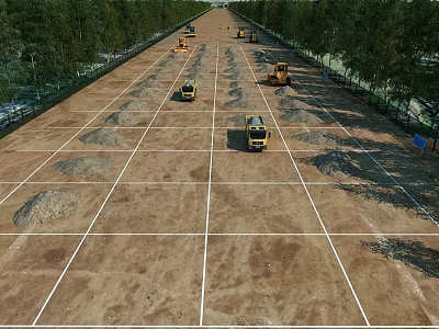 Road Infrastructure Construction Site With Construction Vehicles Ground Markings And Trees Along Sides 3d model