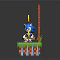 3D Game Scene Setup With Green Platform Blue Character Yellow Rings Sunflower And Spikes