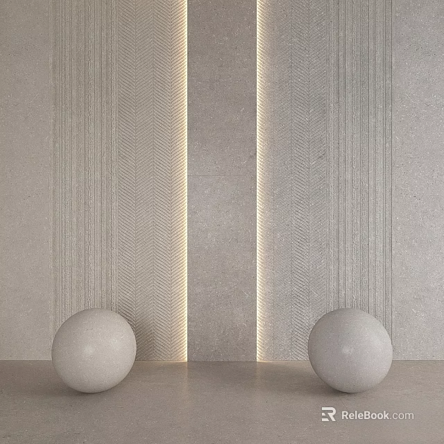 Vertical Striped Wall Design With Central Light Strip And White Spherical Ornaments On Gray Countertop 3d model 
