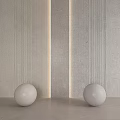 Vertical Striped Wall Design With Central Light Strip And White Spherical Ornaments On Gray Countertop