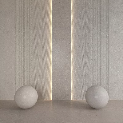 Vertical Striped Wall Design With Central Light Strip And White Spherical Ornaments On Gray Countertop 3d model