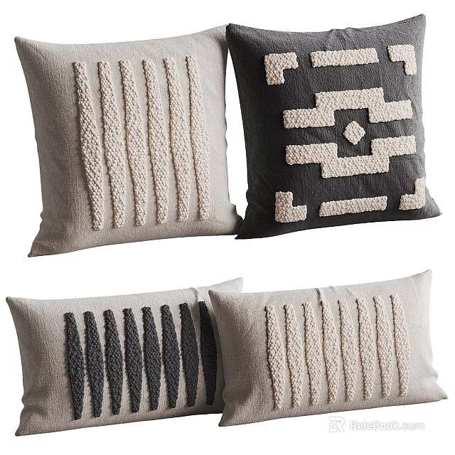 Modern Decorative Throw Pillows in Neutral Tones with Woven Texture and Geometric Patterns 3d model 