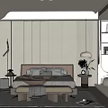 Modern Bedroom Interior With Comfortable Bed Paneled Wall Wardrobe Bedside Lamp Ottoman And Soft Rug
