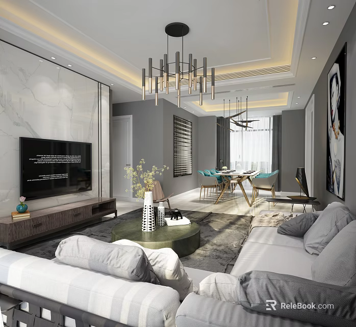 Modern Floor Lamp In Stylish Living Room With White Sofa Gray Carpet And Green Plants 3d model 