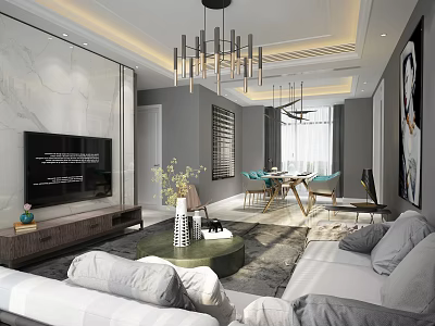 Modern Floor Lamp In Stylish Living Room With White Sofa Gray Carpet And Green Plants 3d model
