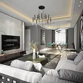Modern Floor Lamp In Stylish Living Room With White Sofa Gray Carpet And Green Plants