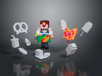 Pixel Art Train Surrounded by Various Pixel Items Like Chicken and Building Blocks 3d model