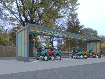 Outdoor Covered Parking Shelter With Colorful Electric Scooters And Green Trees 3d model