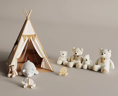 Cute Stuffed Teddy Bears And Knitted Doll With Play Tepee Tent Setup 3d model