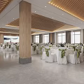 Banquet Hall Interior With Decorated Tables White Tablecloths Green Chair Bows Podium And Wooden Ceiling