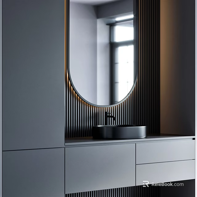 Modern Bathroom Vanity With Oval Mirror Black Sink Gray Cabinet And Striped Wall 3d model 