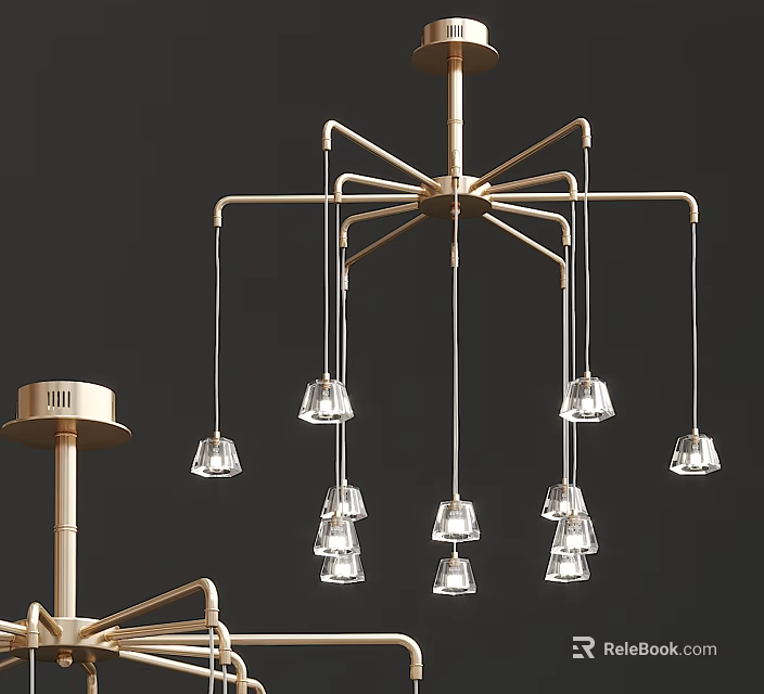 Contemporary Brass Chandelier With Multiple Clear Glass Shades Modern Hanging Design 3d model 