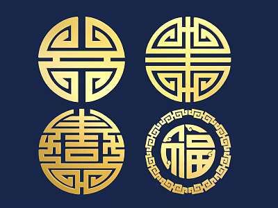 Traditional Chinese Golden Circular Decorative Symbols With Fortune Longevity Patterns 3d model