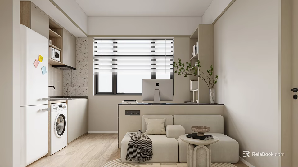 Modern Minimalist Apartment Interior With Open Kitchen Living Space Sofa Green Plant And Blinds 3d model 