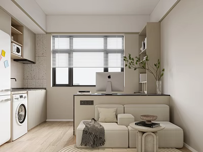 Modern Minimalist Apartment Interior With Open Kitchen Living Space Sofa Green Plant And Blinds 3d model