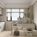 Modern Minimalist Apartment Interior With Open Kitchen Living Space Sofa Green Plant And Blinds