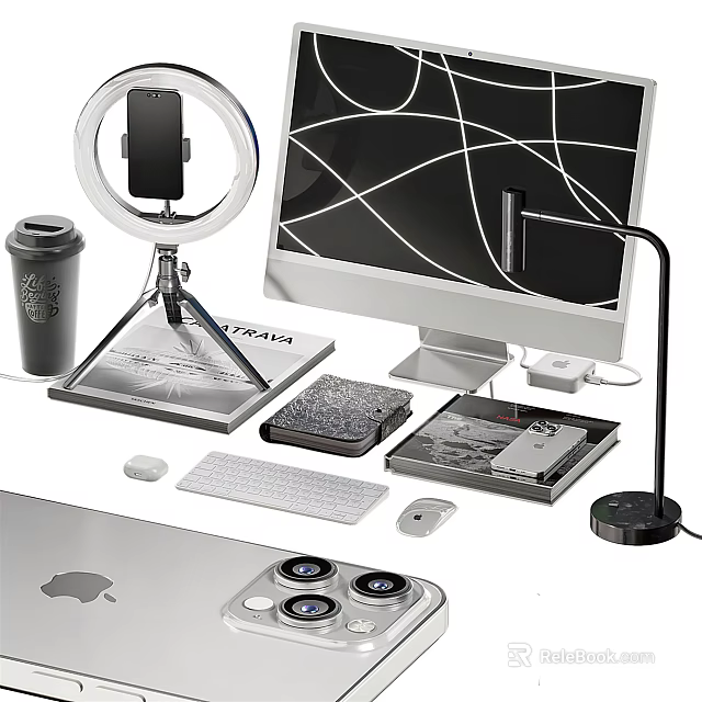 Modern Computer Desktop Setup With Monitor Keyboard Mouse Phone Holder Ring Light And Desk Lamp 3d model 