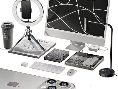 Modern Computer Desktop Setup With Monitor Keyboard Mouse Phone Holder Ring Light And Desk Lamp 3d model
