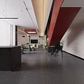 Modern Lounge Area Interior Design With Red Accent Wall Blue Lighting And Black Sculpture