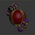 Red Mechanical Sphere Featuring Yellow Cross Straps Purple Gold Components And Glowing Blue Eyes