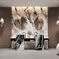 Luxurious Hotel Bathroom With Marble Wall Double Vanities Mirrors And Pendant Lights