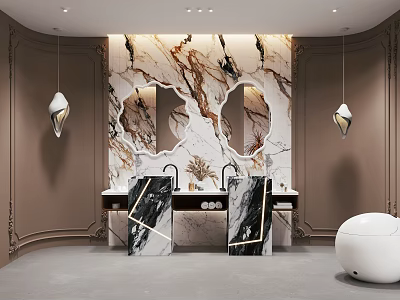 Luxurious Hotel Bathroom With Marble Wall Double Vanities Mirrors And Pendant Lights 3d model