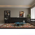 Black Leather Sofa and Glass Coffee Table Set With Green Plant and Wall Painting