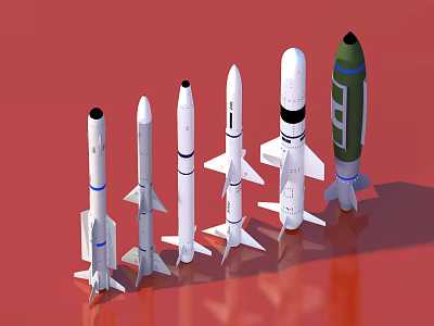 Various Rocket And Missile Models Displayed On Red Background With Different Designs 3d model